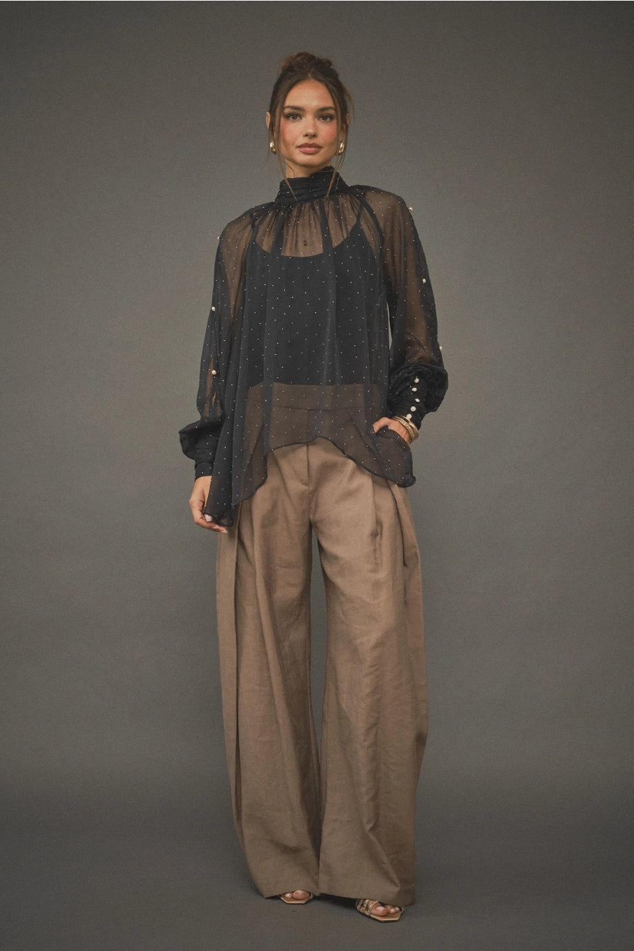 Pearl Embellished Sheer High Neck Blouse - Black / Silver Stone