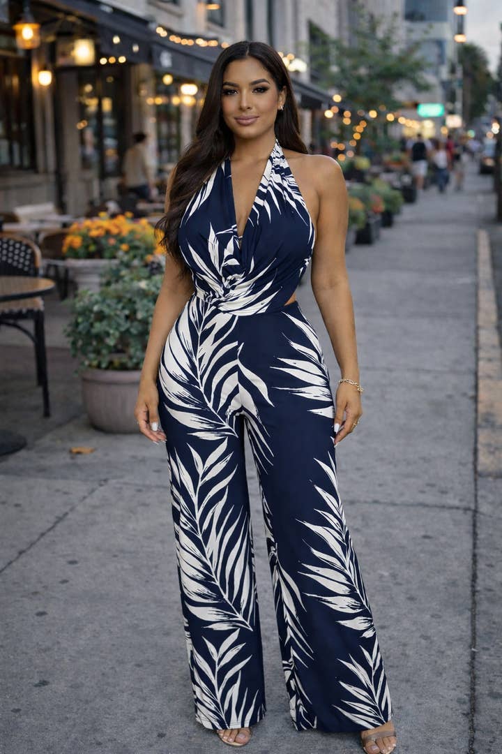 Tropical Laly Halter Jumpsuit - Navy - view 1