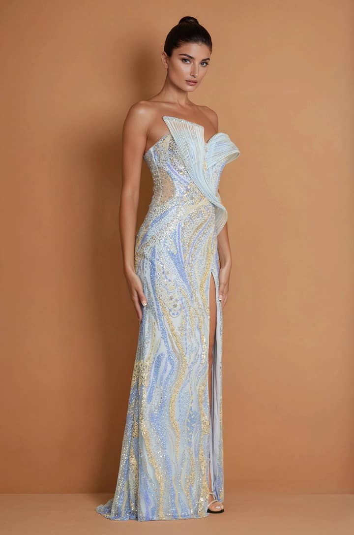 Sculptural Beaded Corset Gown - Paris Blue - view 2