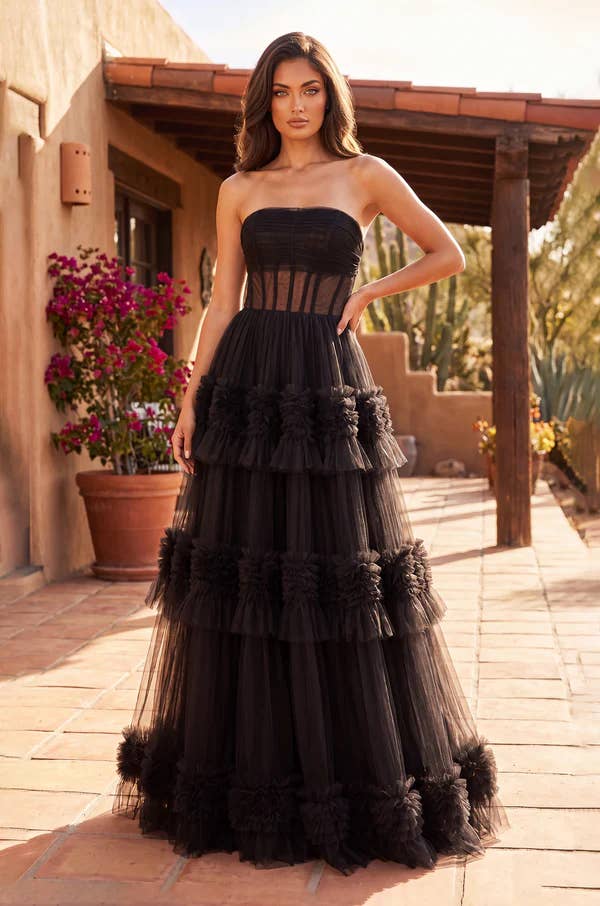 Strapless Tiered Tulle Gown - Black - view 1