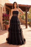Strapless Tiered Tulle Gown - Black - view 1