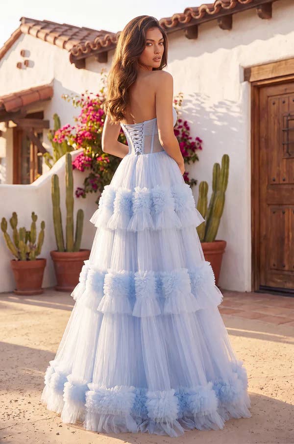 Strapless Tiered Tulle Gown - Ice Blue - view 2