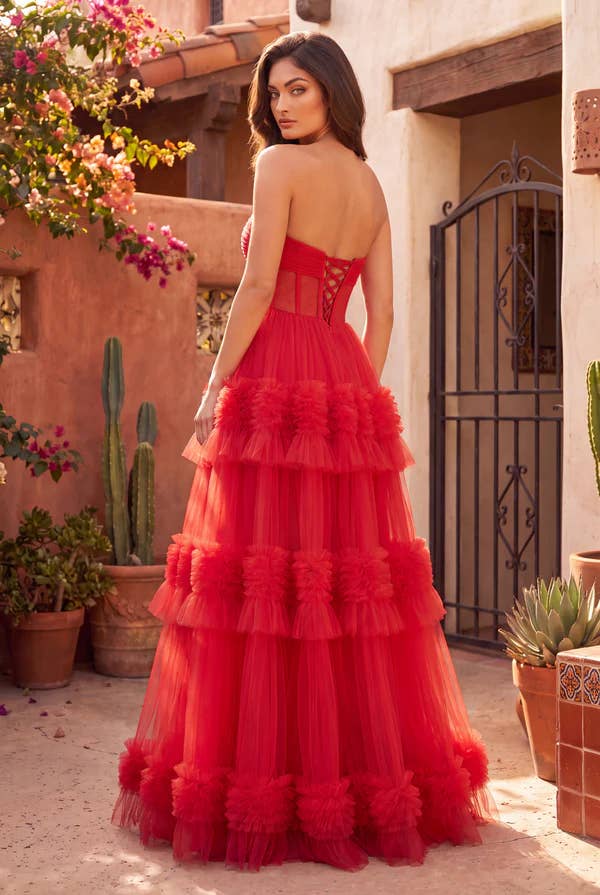 Strapless Tiered Tulle Gown - Red - view 2