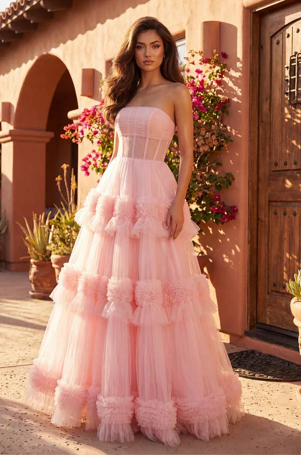 Strapless Tiered Tulle Gown - Rose - view 1