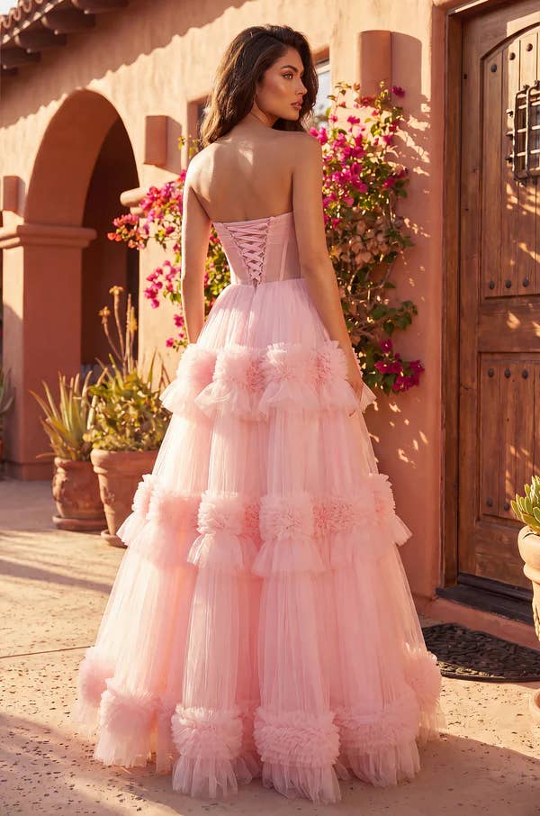 Strapless Tiered Tulle Gown - Rose - view 2