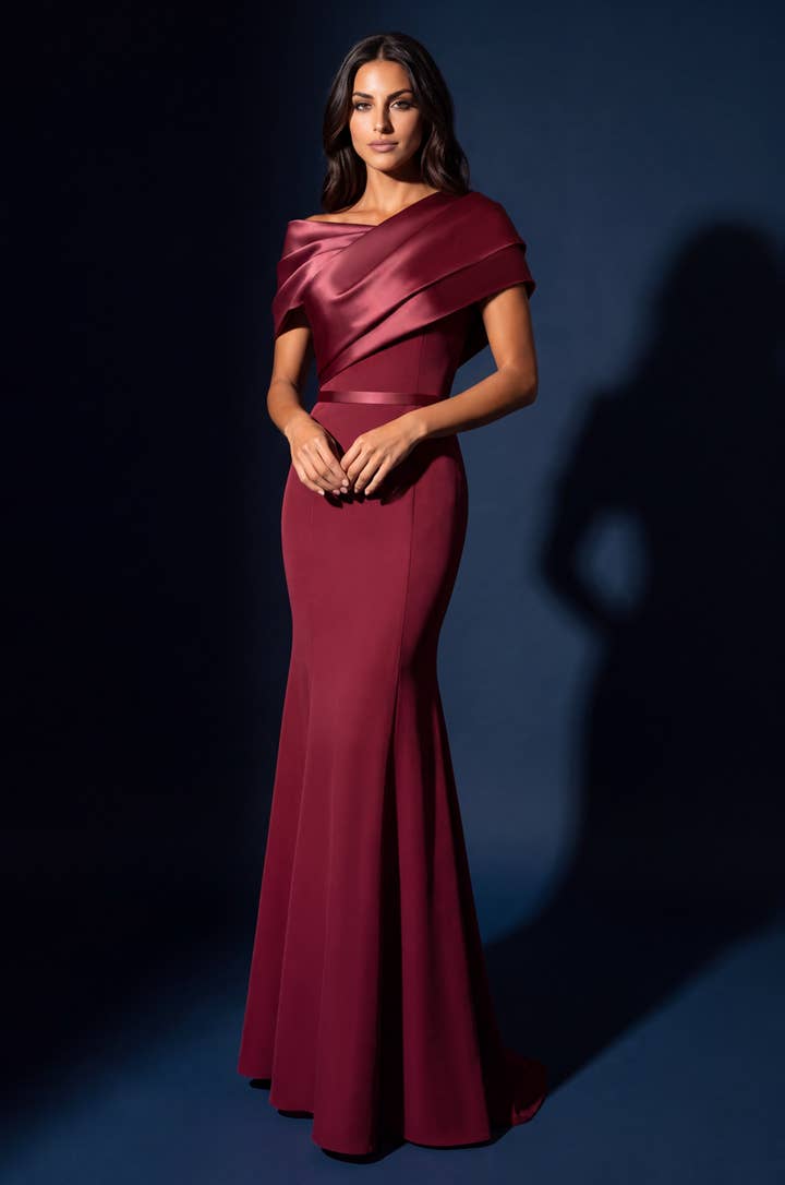 Draped Satin Off Shoulder Mermaid Gown - Rosewood - view 1