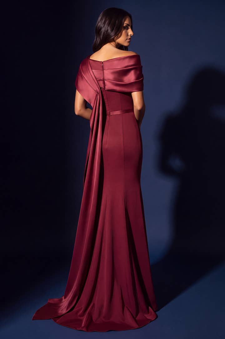 Draped Satin Off Shoulder Mermaid Gown - Rosewood - view 2