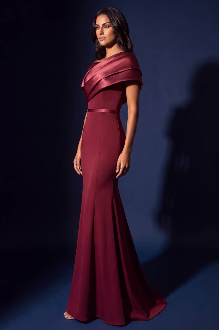 Draped Satin Off Shoulder Mermaid Gown - Rosewood - view 3