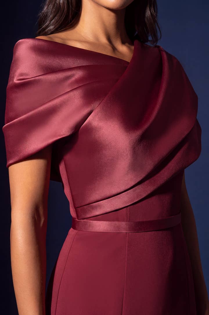Draped Satin Off Shoulder Mermaid Gown - Rosewood - view 4
