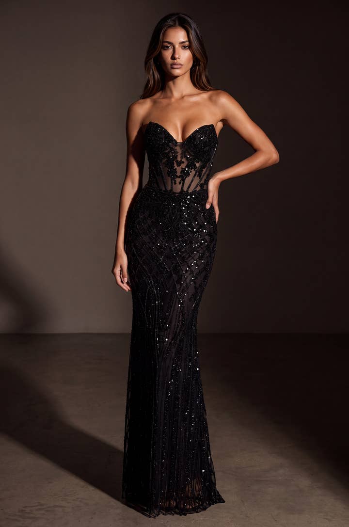 Sequin Illusion Corset Gown - Black - view 1