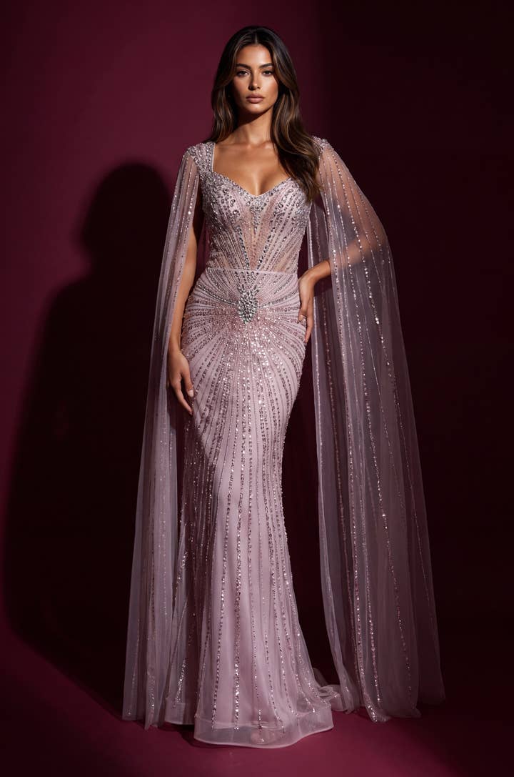 Beaded Cape Evening Gown - Pink - view 1