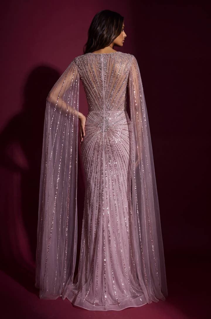 Beaded Cape Evening Gown - Pink - view 2