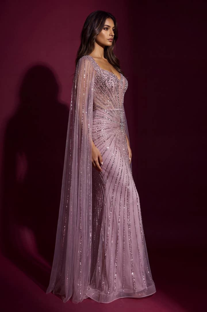 Beaded Cape Evening Gown - Pink - view 3