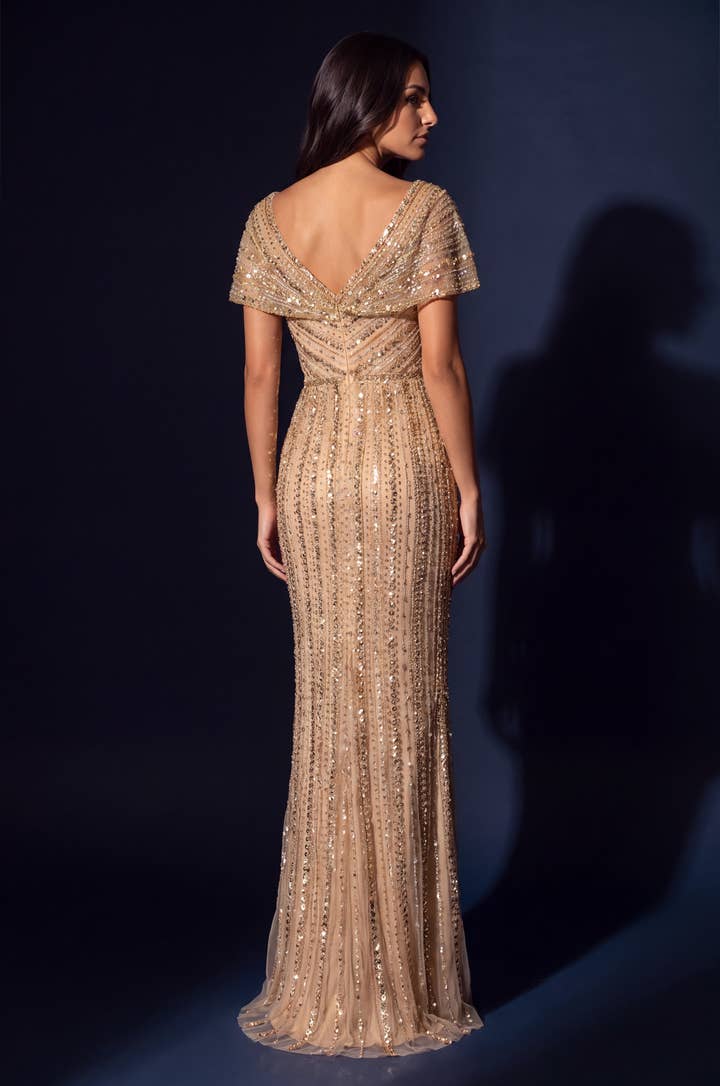 Beaded V Neck Cap Sleeve Mermaid Gown - Gold - view 3