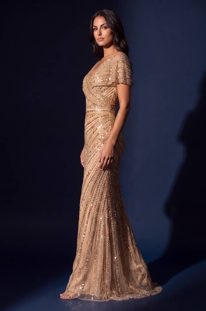 Beaded V Neck Cap Sleeve Mermaid Gown - Gold - view 4