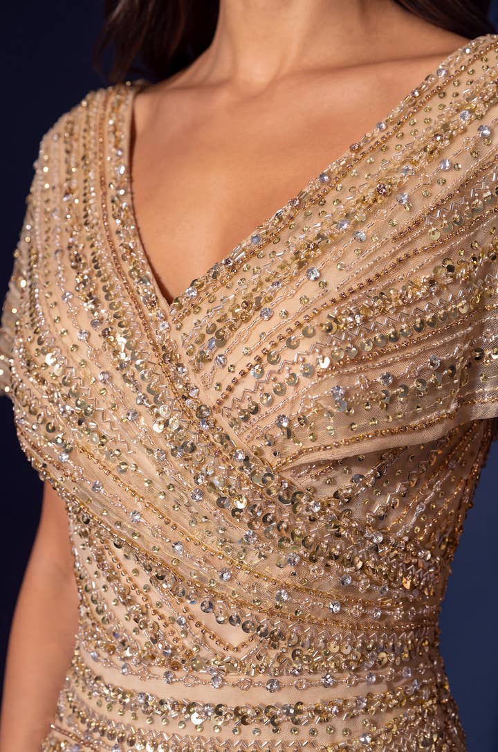 Beaded V Neck Cap Sleeve Mermaid Gown - Gold - view 5