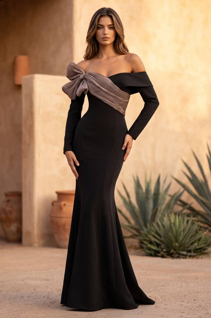 Bardot Bow Mermaid Gown - Black and Brown - view 1
