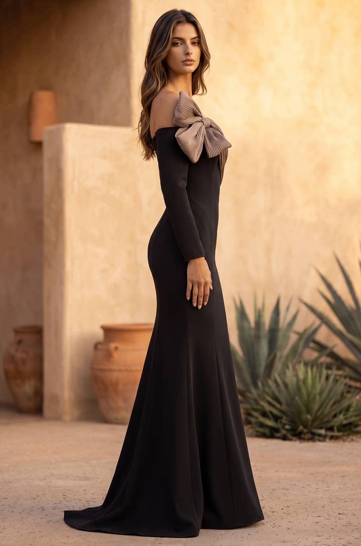 Bardot Bow Mermaid Gown - Black and Brown - view 3