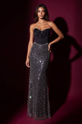 Beaded Satin Corset Mermaid Gown - Black - view 1