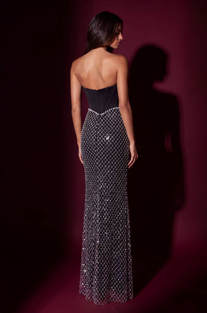Beaded Satin Corset Mermaid Gown - Black - view 2