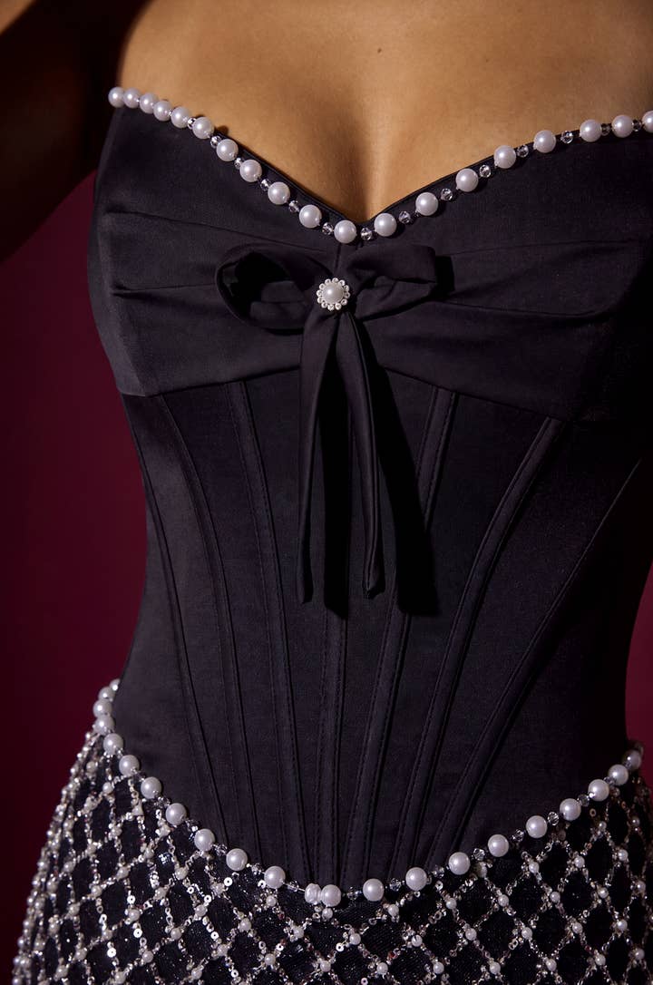 Beaded Satin Corset Mermaid Gown - Black - view 4