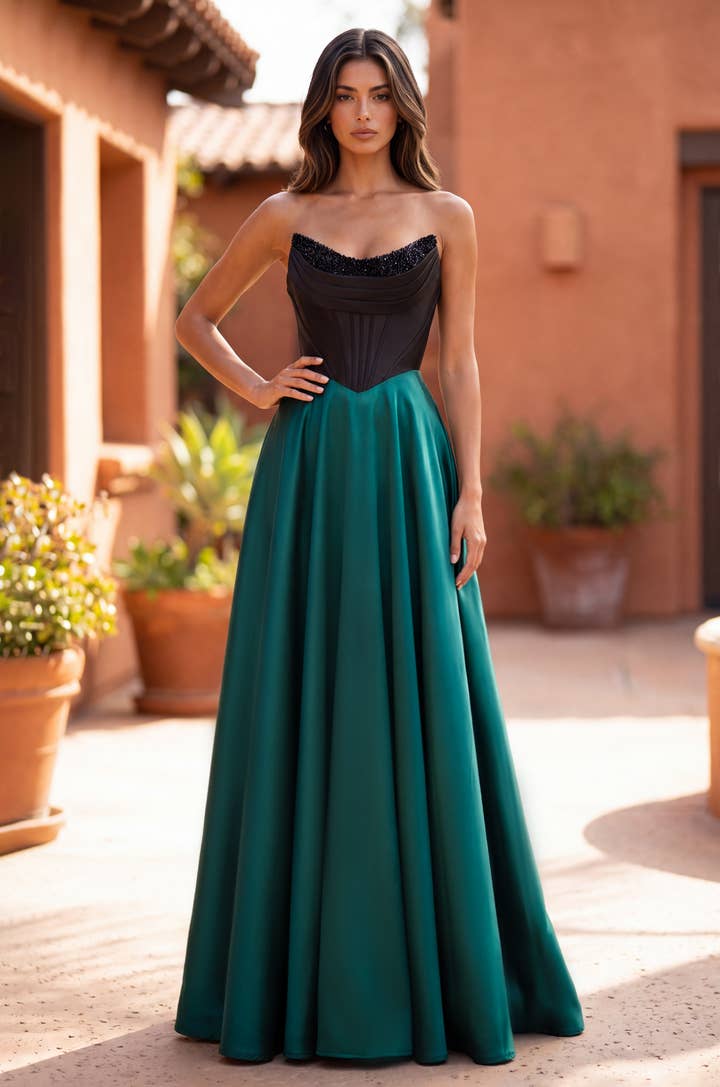 Beaded Corset Satin A-Line Gown - Black / Emerald - view 1