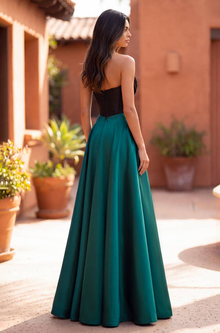 Beaded Corset Satin A-Line Gown - Black / Emerald - view 2