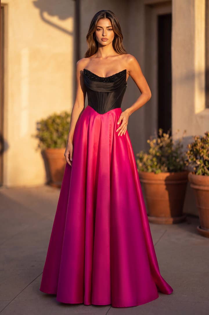 Beaded Corset Satin A-Line Gown - Black / Fuchsia - view 1