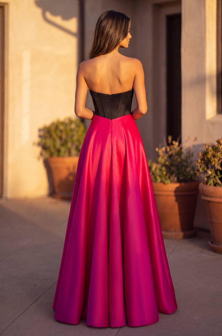 Beaded Corset Satin A-Line Gown - Black / Fuchsia - view 2
