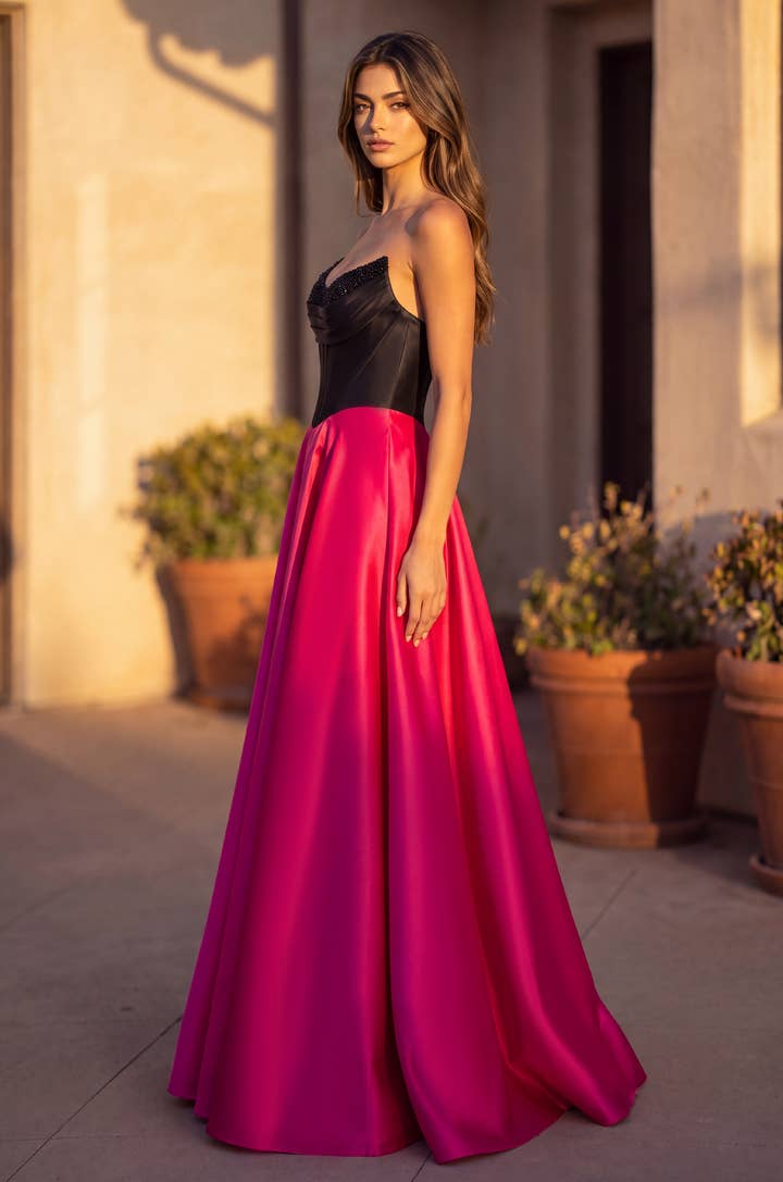 Beaded Corset Satin A-Line Gown - Black / Fuchsia - view 3