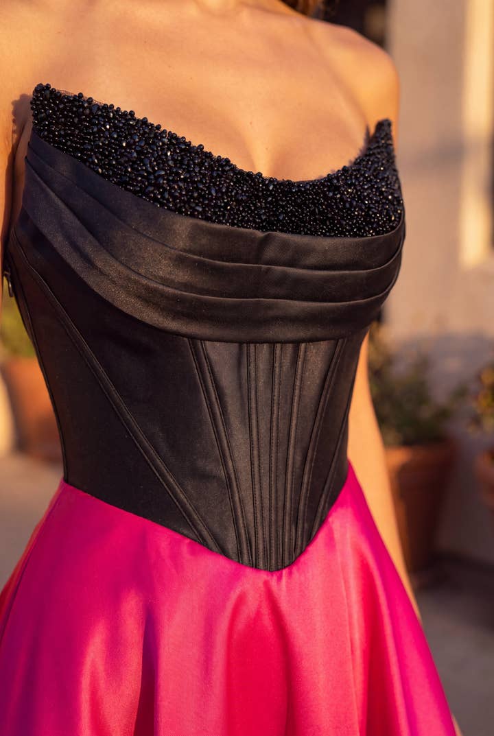 Beaded Corset Satin A-Line Gown - Black / Fuchsia - view 4