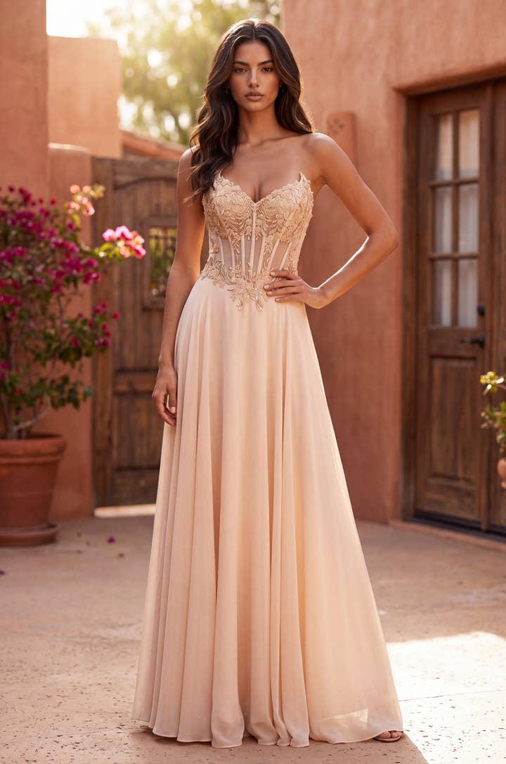 Beaded Sweetheart Corset A-Line Gown - Champagne - view 1