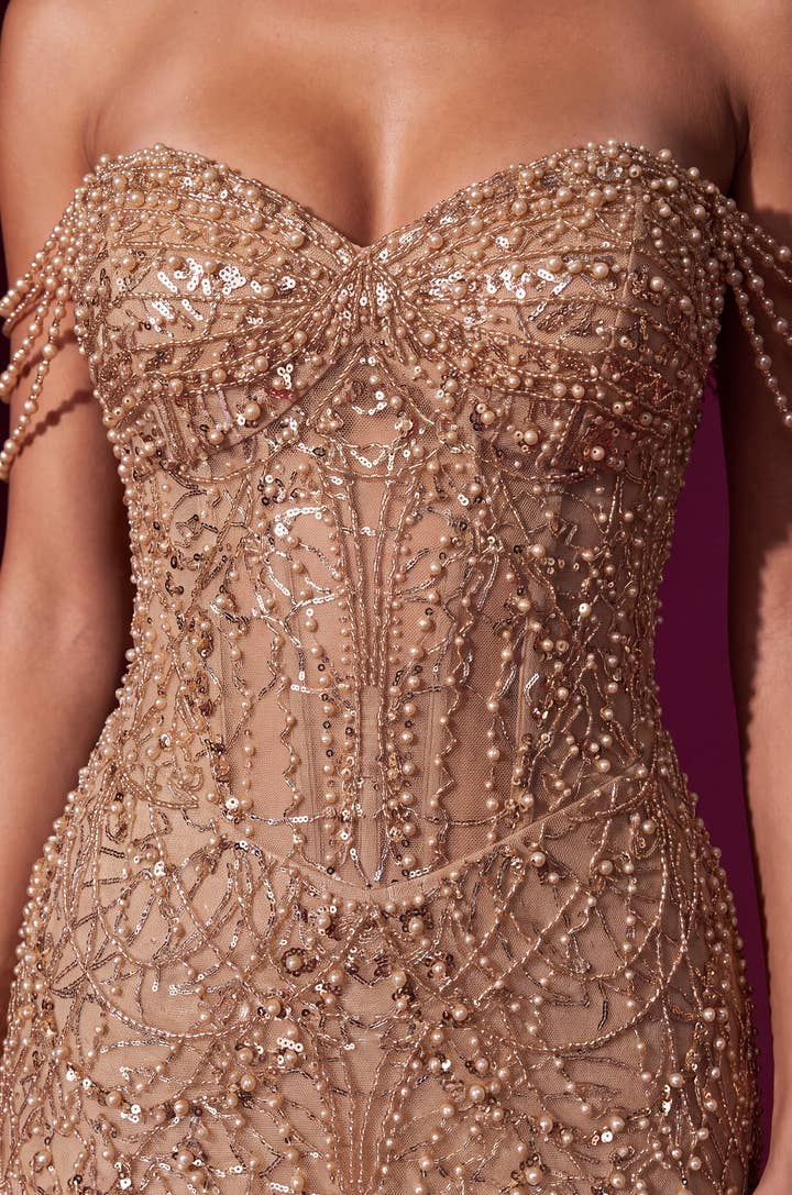 Off Shoulder Beaded Corset Mermaid Gown - Gold - view 3