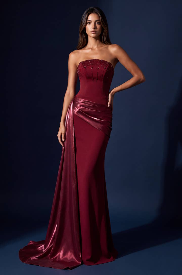 Strapless Beaded Draped Mermaid Gown - Burgundy - view 1
