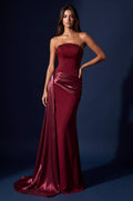 Strapless Beaded Draped Mermaid Gown - Burgundy - view 1