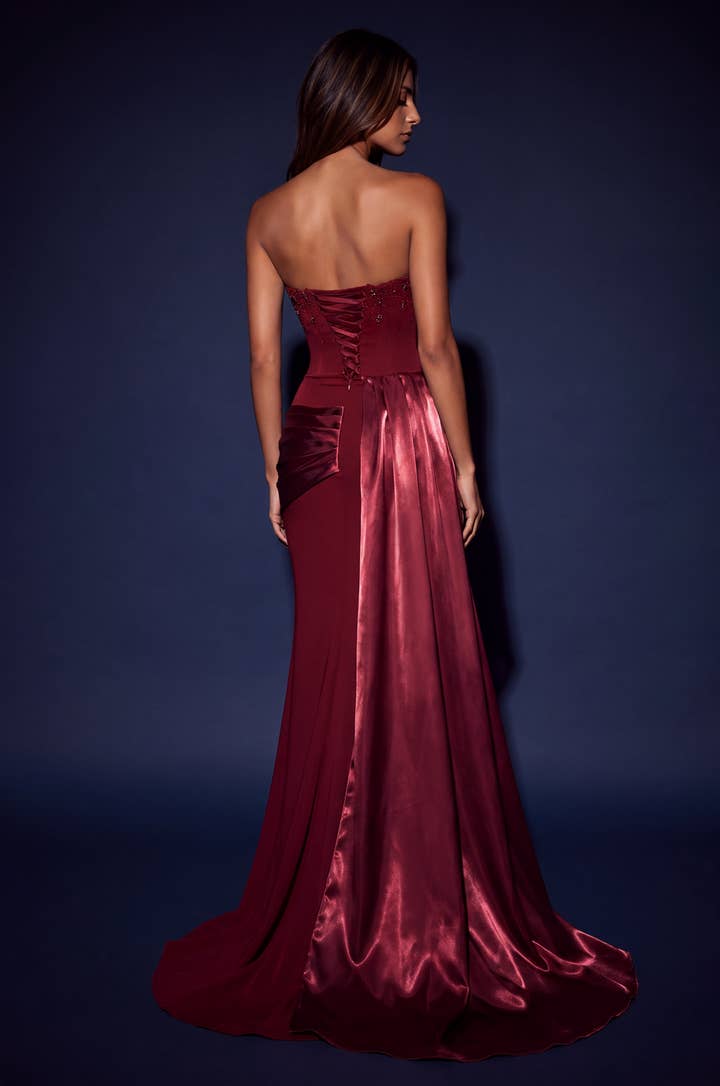 Strapless Beaded Draped Mermaid Gown - Burgundy - view 2