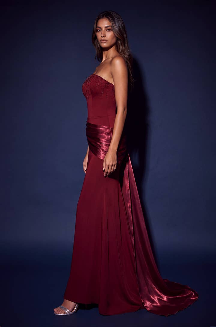 Strapless Beaded Draped Mermaid Gown - Burgundy - view 3