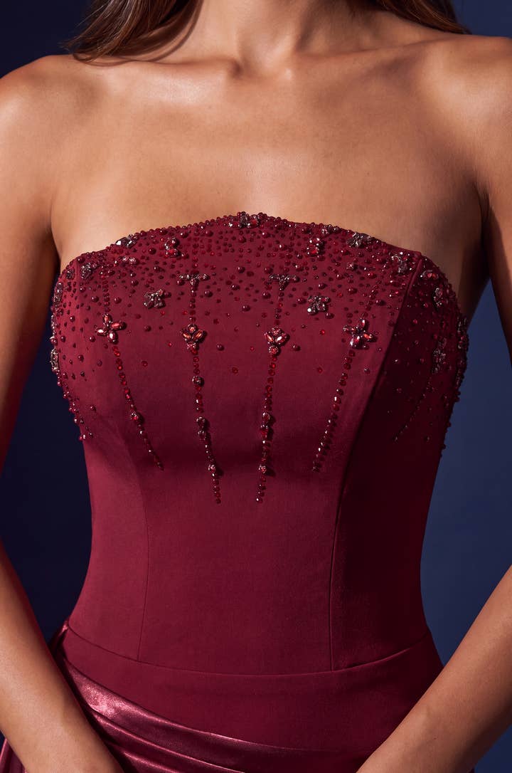 Strapless Beaded Draped Mermaid Gown - Burgundy - view 4