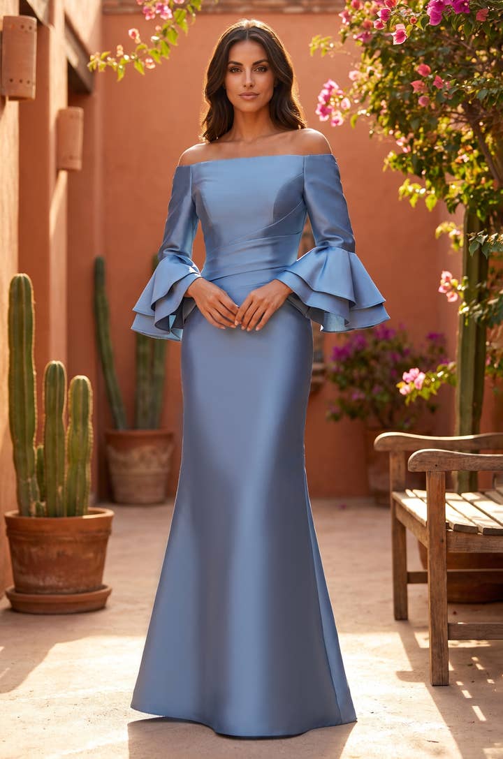 Off Shoulder Bell Sleeve Mermaid Gown - Blue - view 1