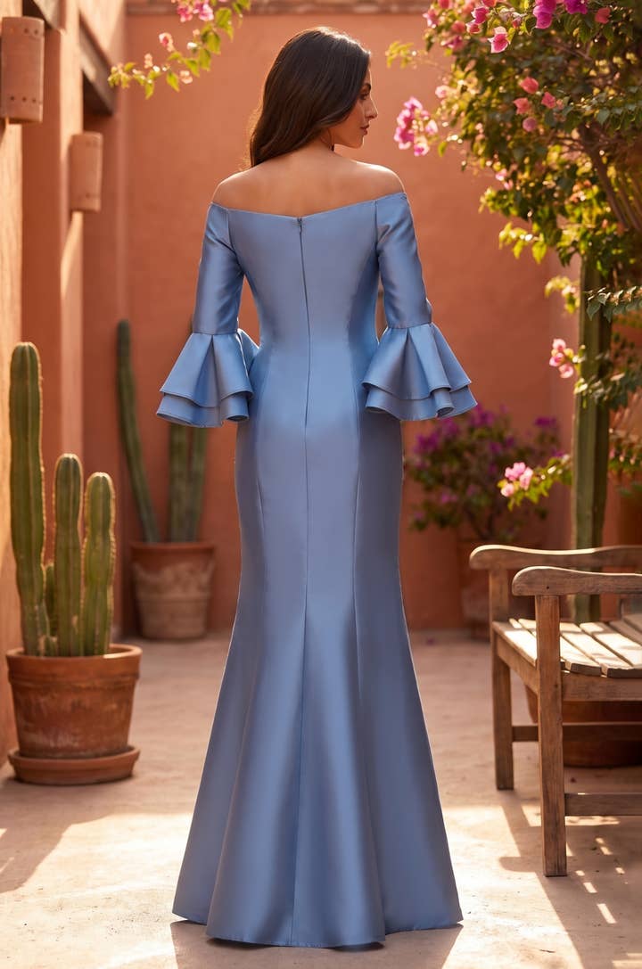 Off Shoulder Bell Sleeve Mermaid Gown - Blue - view 3