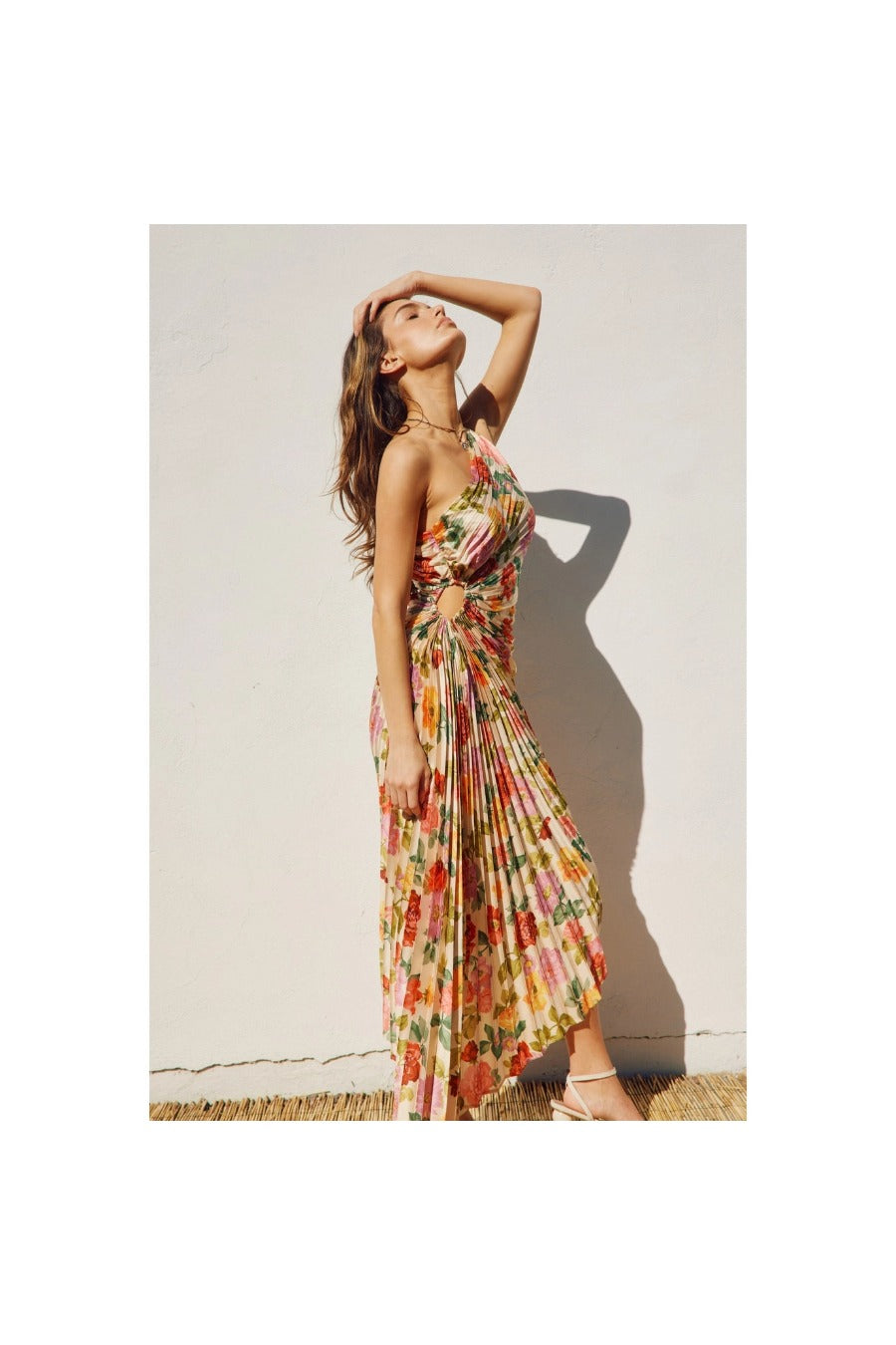 Floral One Shoulder Asymmetrical Pleated Dress