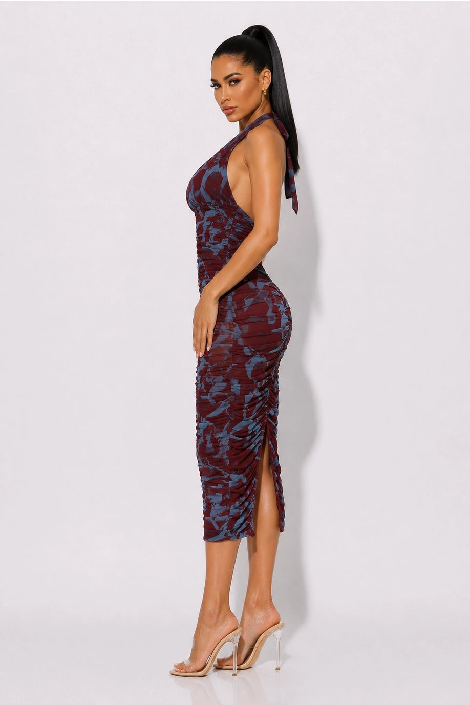 Abstract Print Ruched Halter Midi Dress - Wine