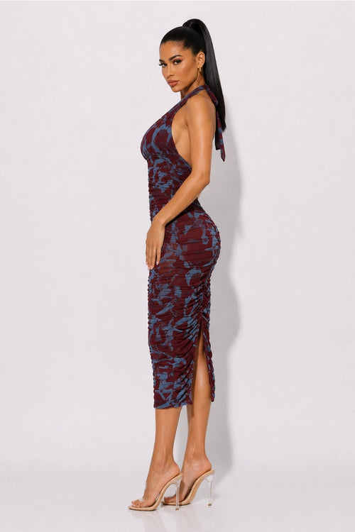 Abstract Print Ruched Halter Midi Dress - Wine