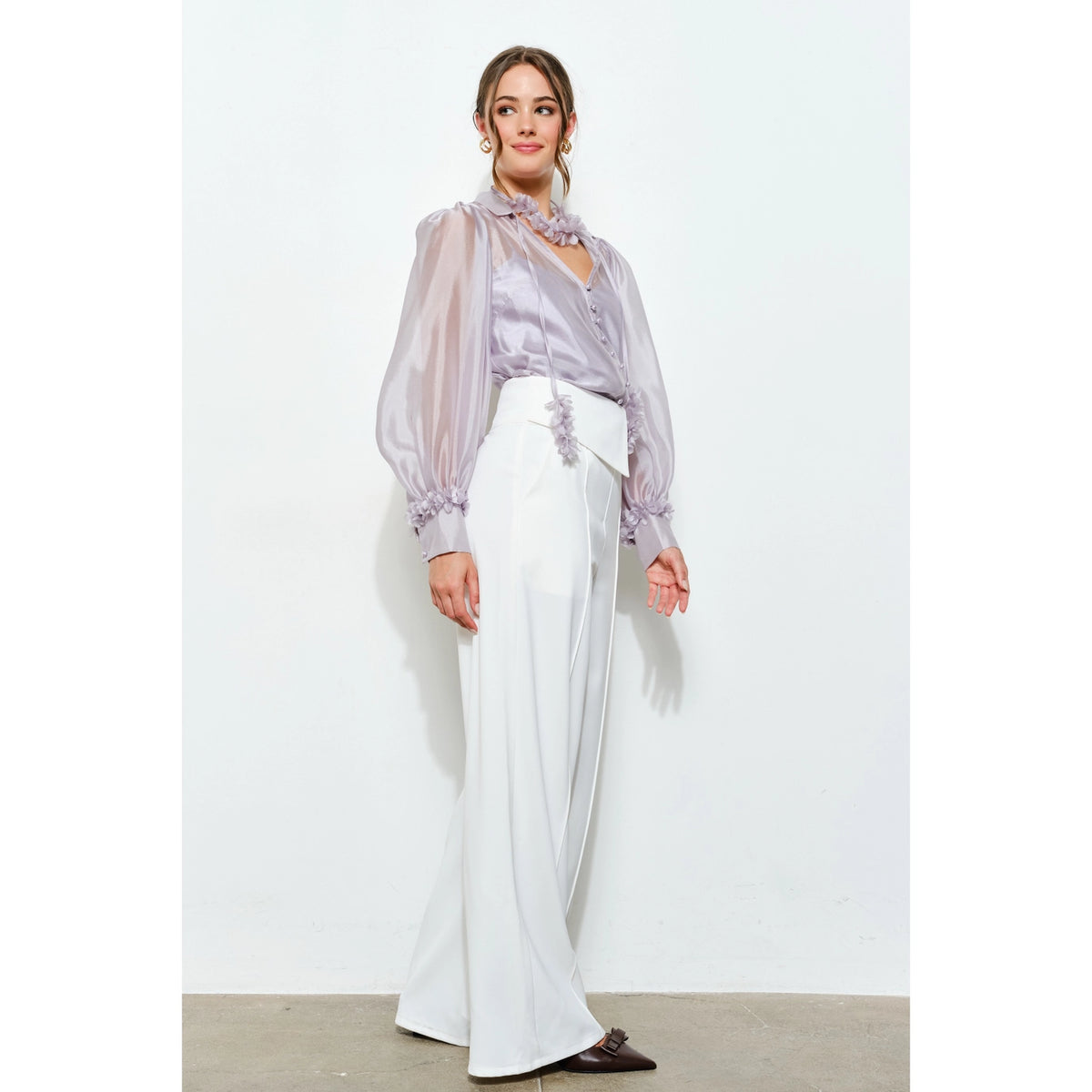 Sheer Floral Tie Neck Puff Sleeve Blouse - Ash