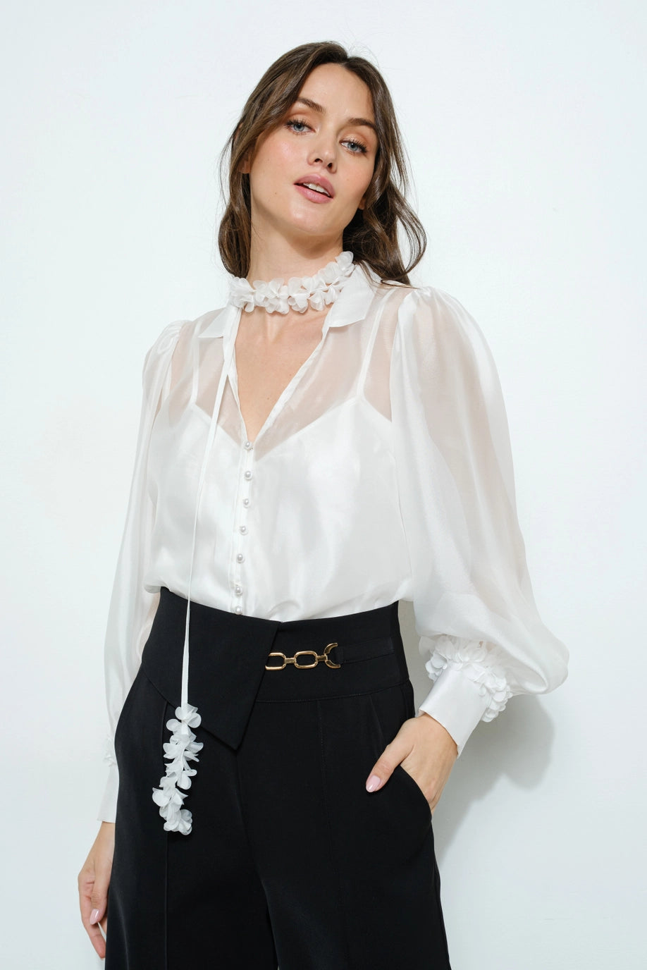 Sheer Floral Tie Neck Puff Sleeve Blouse - White