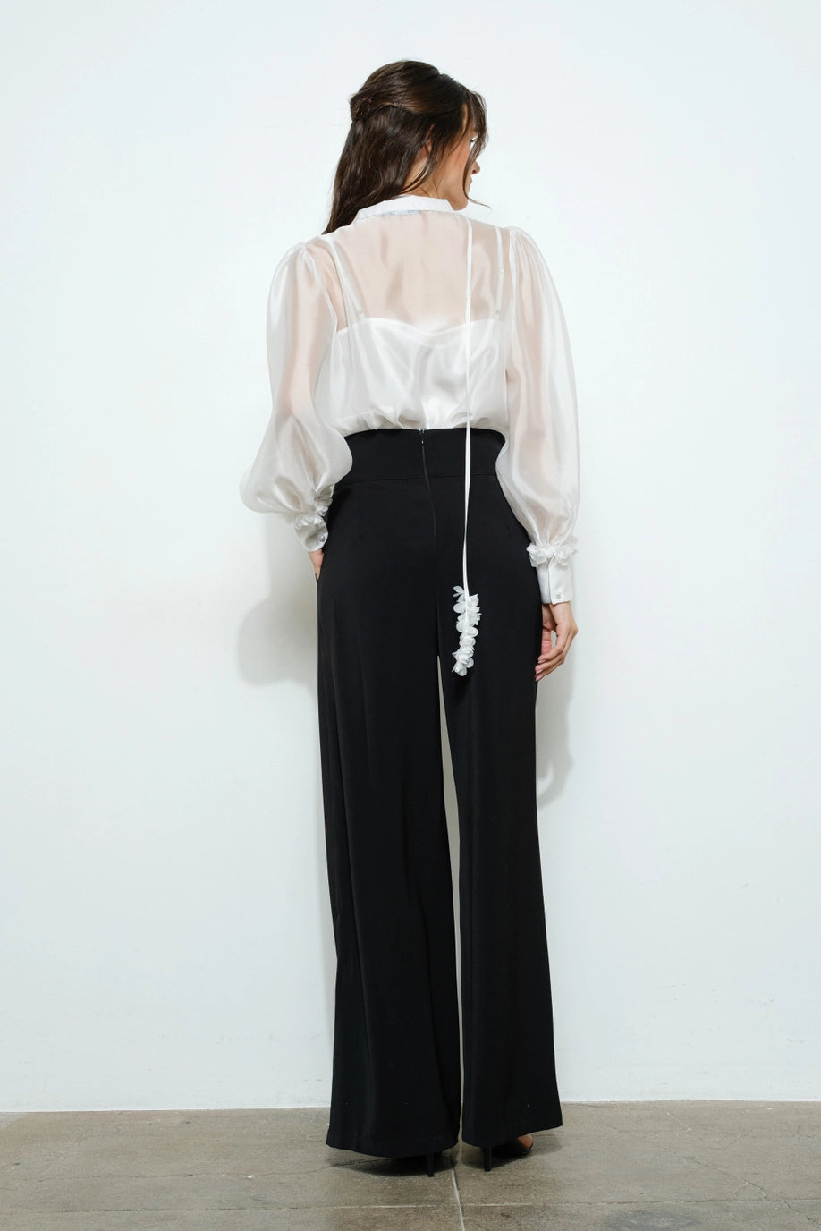 Sheer Floral Tie Neck Puff Sleeve Blouse - White