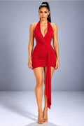 Glitter Ruched Halter Mini Dress - Red