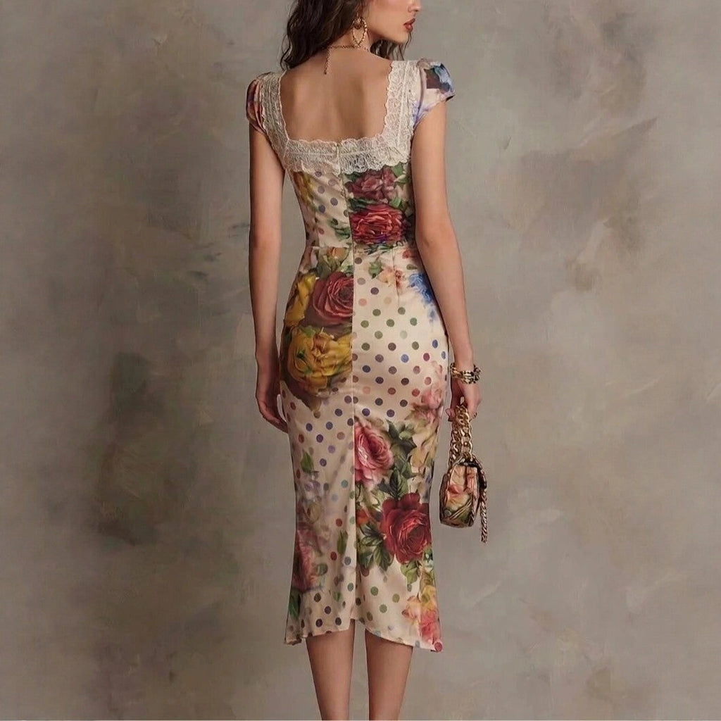 Vintage Print Slim Fit Dress Women Waist Cinching