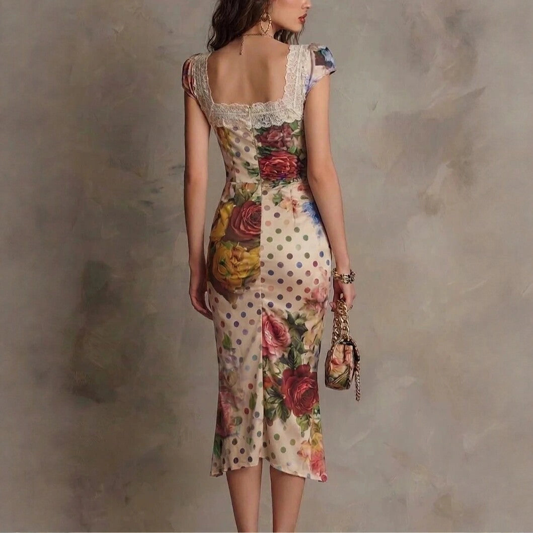 Vintage Print Slim Fit Dress Women Waist Cinching