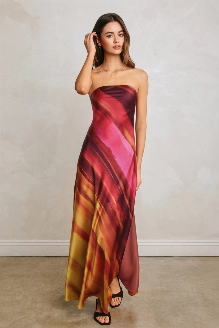 Watercolor Stripe Satin Strapless Bias Cut Maxi Dress